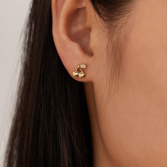 Dainty Cherry Gold Plating over Stainless Steel Ear Studs - Picture 2 of 7